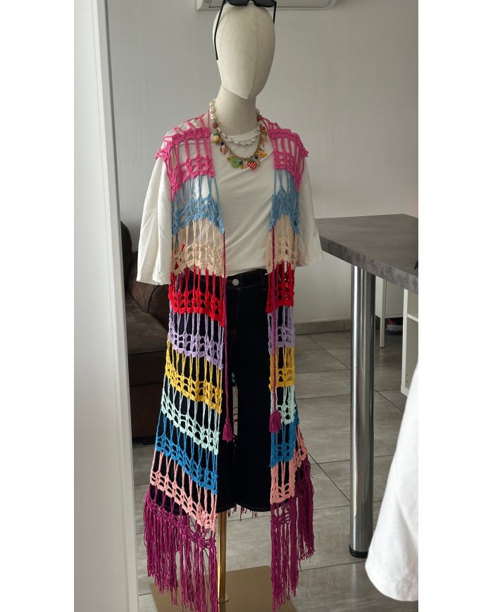 GILET LONG MACRAMÉ COLORÉ