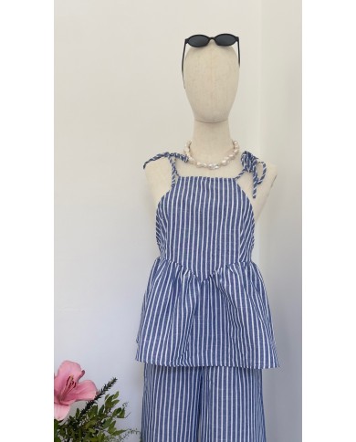 TOP ENSEMBLE EN LIN BLEU À RAYURES