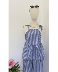 TOP ENSEMBLE EN LIN BLEU À RAYURES