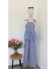 TOP ENSEMBLE EN LIN BLEU À RAYURES