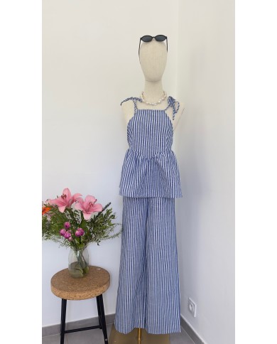 PANTALON ENSEMBLE EN LIN BLEU À RAYURES