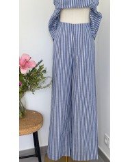 PANTALON ENSEMBLE EN LIN BLEU À RAYURES