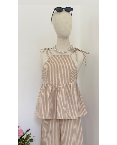 TOP ENSEMBLE EN LIN BEIGE À RAYURES