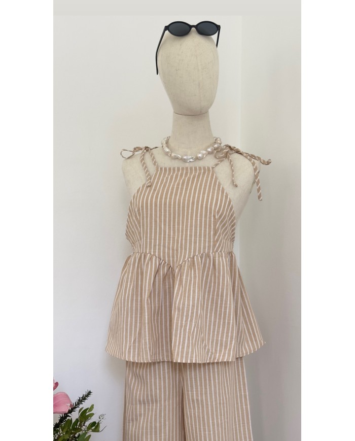 TOP ENSEMBLE EN LIN BEIGE À RAYURES