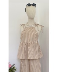PANTALON ENSEMBLE EN LIN BEIGE À RAYURES