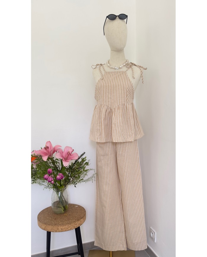 TOP ENSEMBLE EN LIN BEIGE À RAYURES