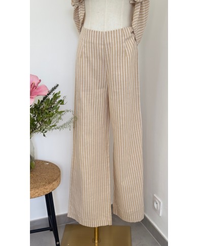 PANTALON ENSEMBLE EN LIN BEIGE À RAYURES