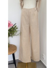 PANTALON ENSEMBLE EN LIN BEIGE À RAYURES
