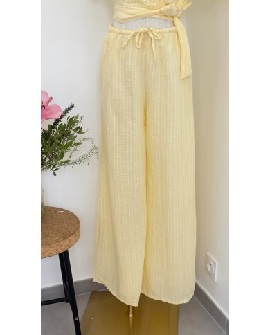 PANTALON ENSEMBLE FLUIDE JAUNE À RAYURES