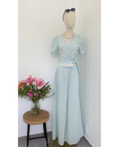 PANTALON ENSEMBLE FLUIDE VERT À RAYURES