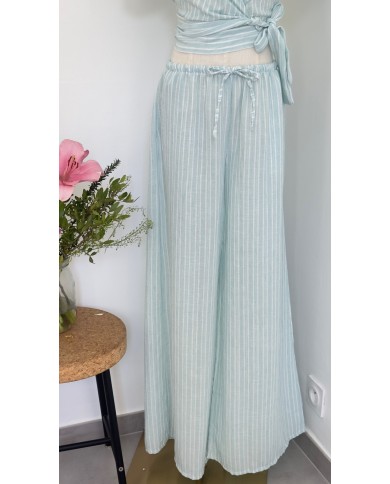 PANTALON ENSEMBLE FLUIDE VERT À RAYURES