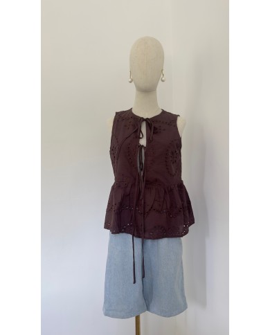 TOP BRODERIE ANGLAISE MARRON
