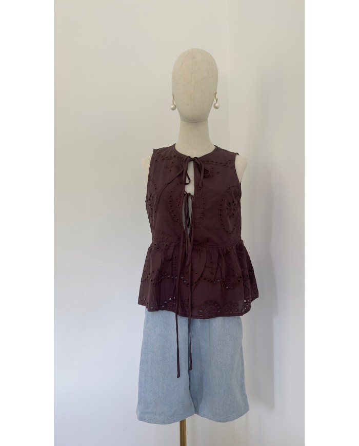 TOP BRODERIE ANGLAISE MARRON