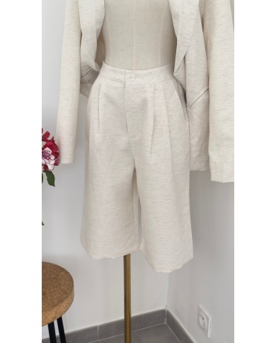 BERMUDA ENSEMBLE CHIC EN LIN BEIGE CHINÉ
