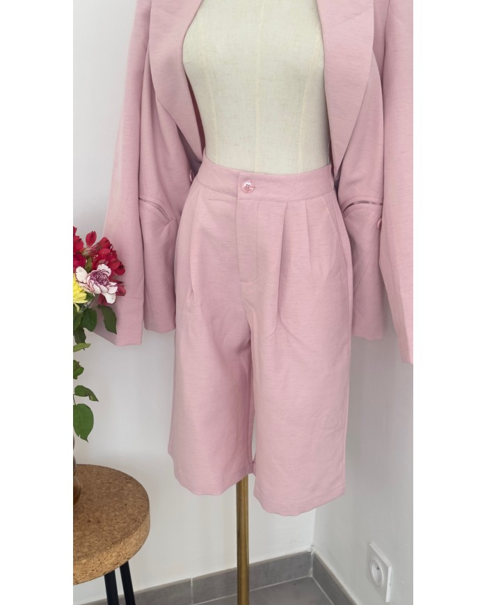BERMUDA ENSEMBLE CHIC EN LIN ROSE