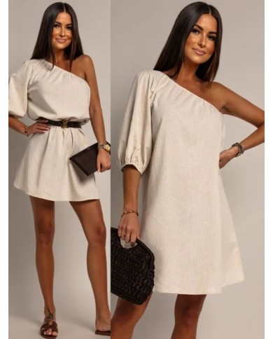 ROBE ASYMÉTRIQUE EN LIN BEIGE