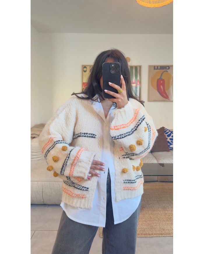 CARDIGAN PONPON ÉCRU