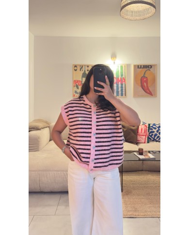 PULL SANS MANCHE RAYÉ ROSE