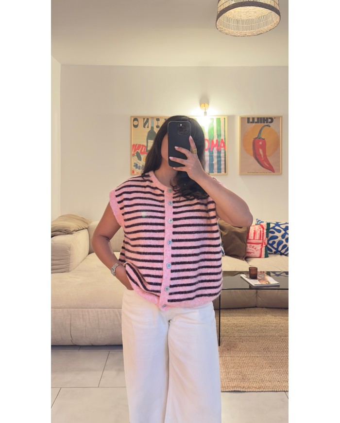 PULL SANS MANCHE RAYÉ ROSE