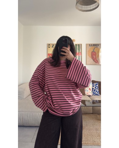 T-SHIRT MANCHE LONGUE À RAYURES ROSE