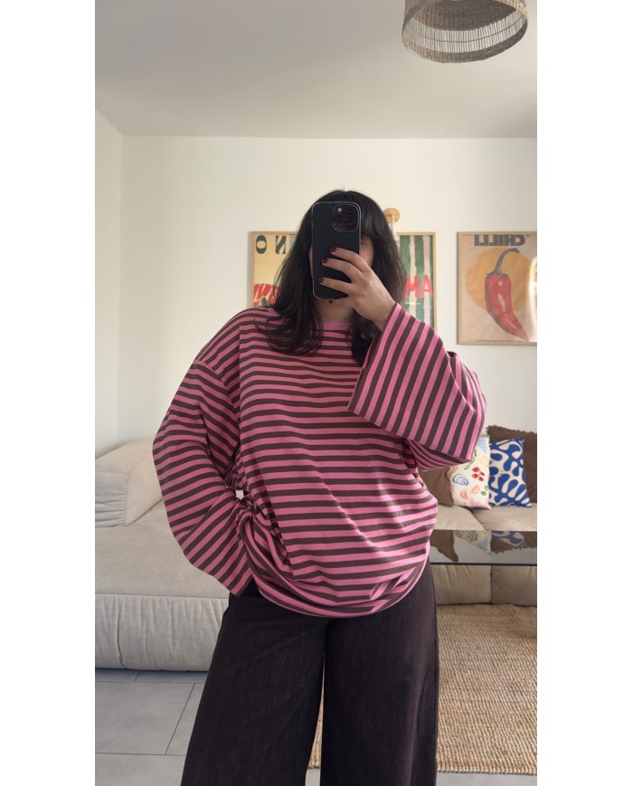 T-SHIRT MANCHE LONGUE À RAYURES ROSE