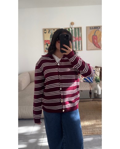 CARDIGAN RAYURE BORDEAUX