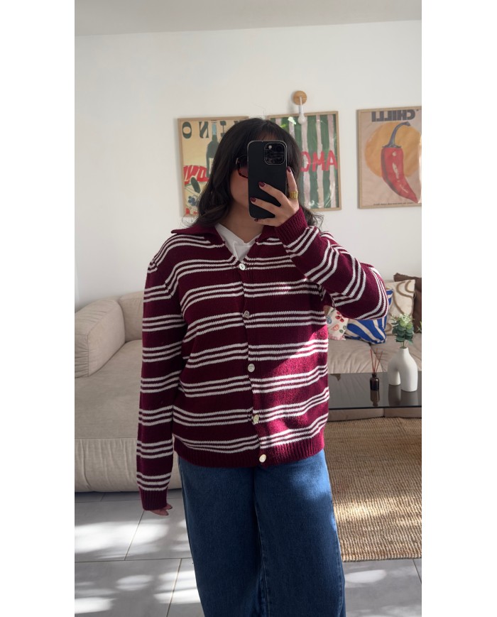 CARDIGAN RAYURE BORDEAUX