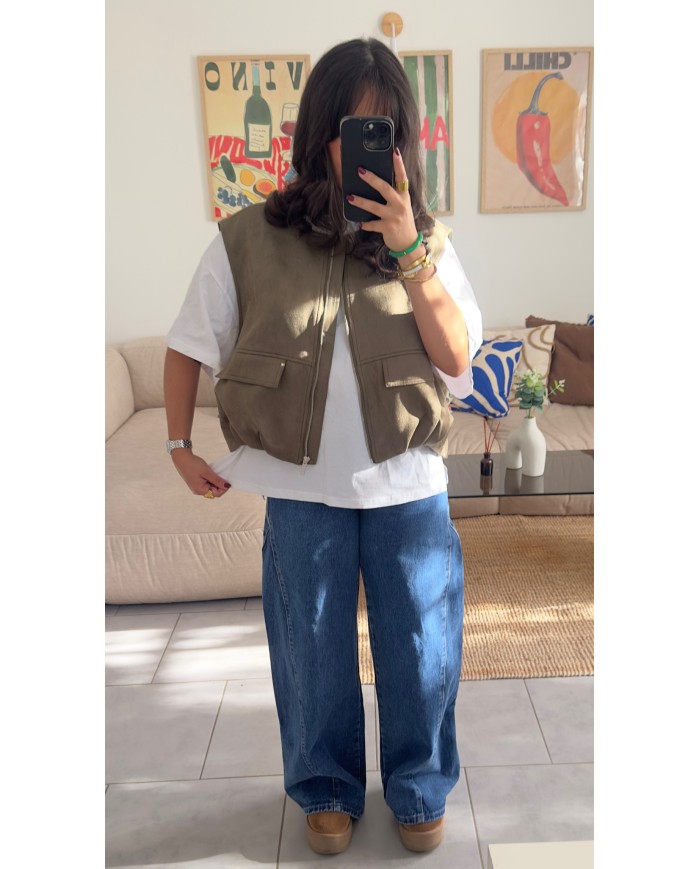 VESTE SANS MANCHE DAIM KAKI