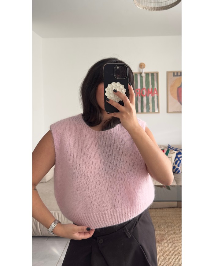 PULL SANS MANCHE "MOHAIR" ROSE