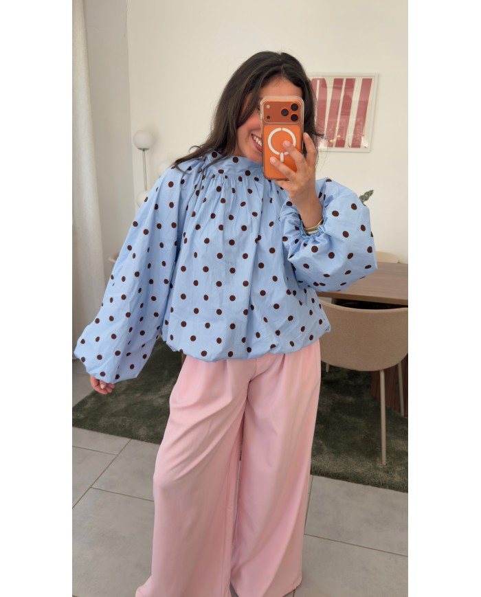 BLOUSE À POIS DOS NU BLEU