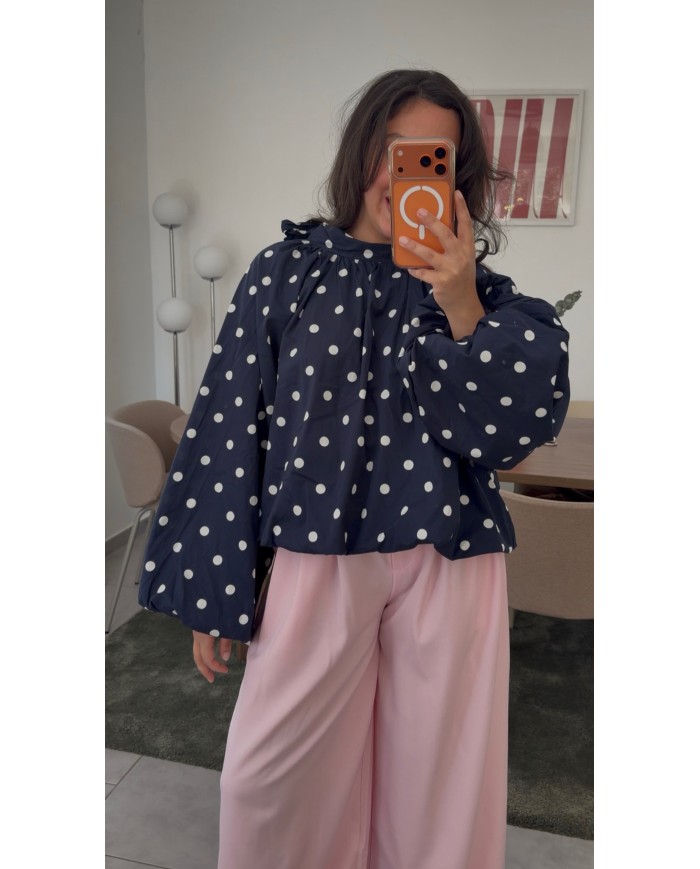 BLOUSE À POIS DOS NU MARINE