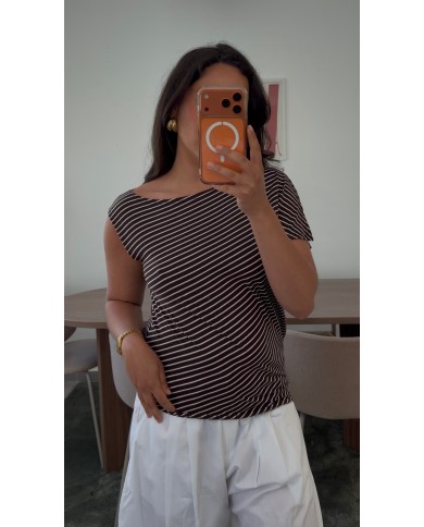 TOP ASYMÉTRIQUE RAYÉ MARRON