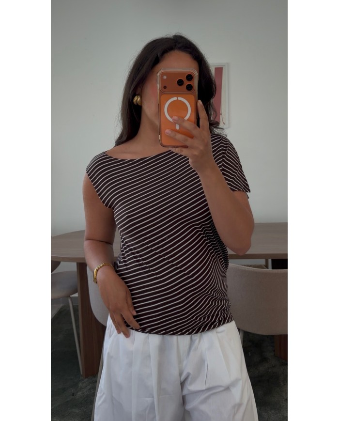 TOP ASYMÉTRIQUE RAYÉ MARRON