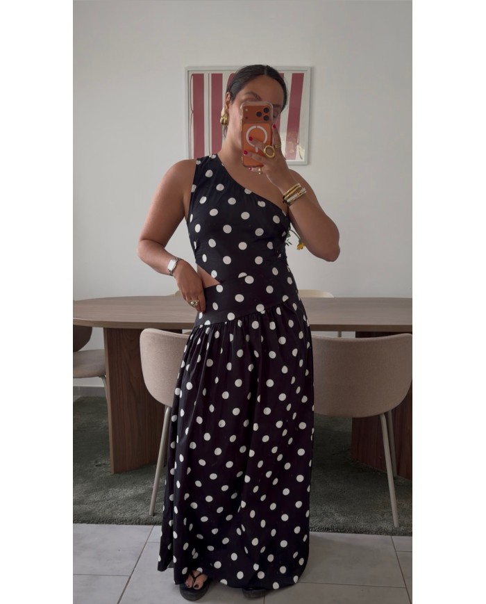 ROBE ASYMÉTRIQUE À POIS NOIR
