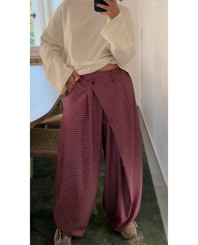 PANTALON BARREL CARREAUX BORDEAUX